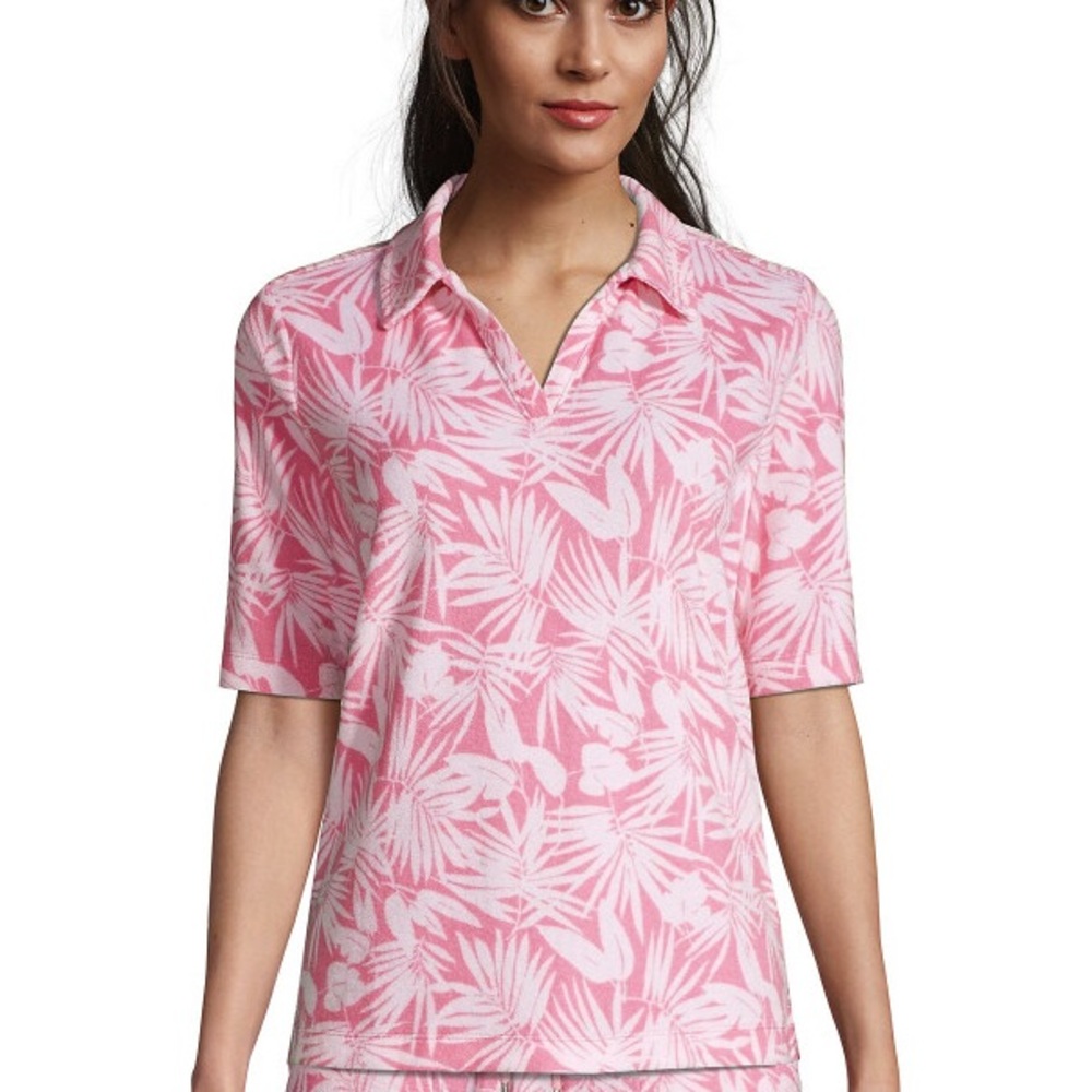 Lands End Terry UPF 50 Pink and White Tropical Print Shirt